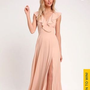 Lulu’s Feel the Rush Blush Ruffled Lace-Up Backless Maxi Dress